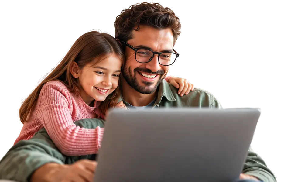 Pai e filha usando o notebook em casa